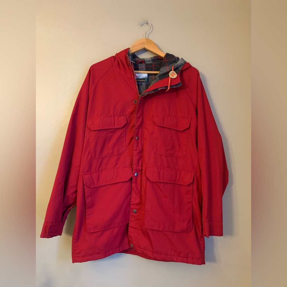 VTG Fieldmaster Chore Barn Coat Canvas Jacket Mens SZ L Red Wool Blanket Lined